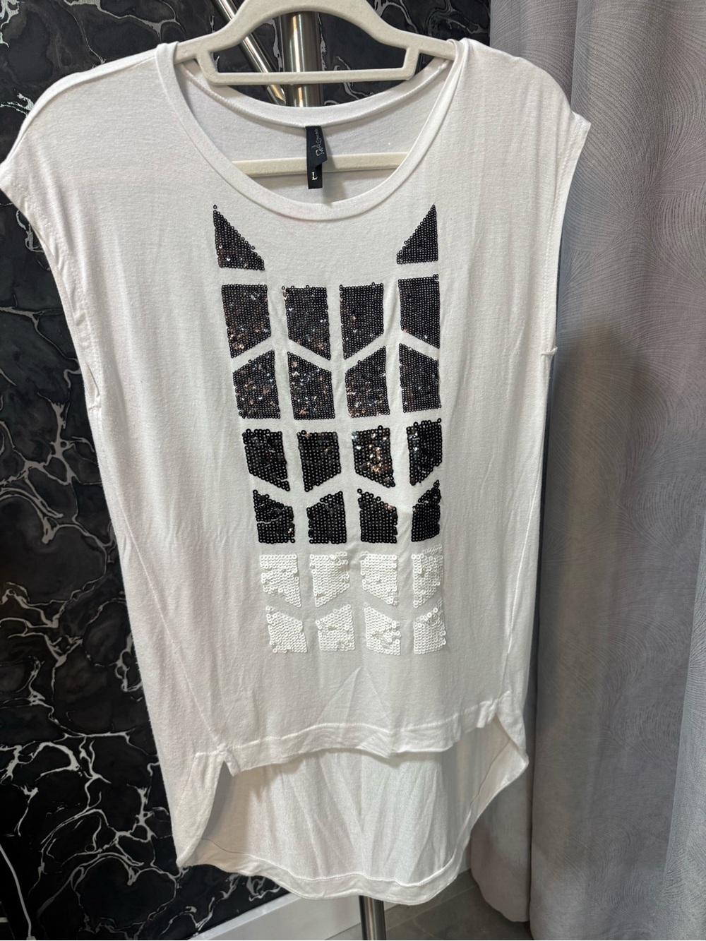 Desigual White Tank Top with Black and Silver Sequin Grid